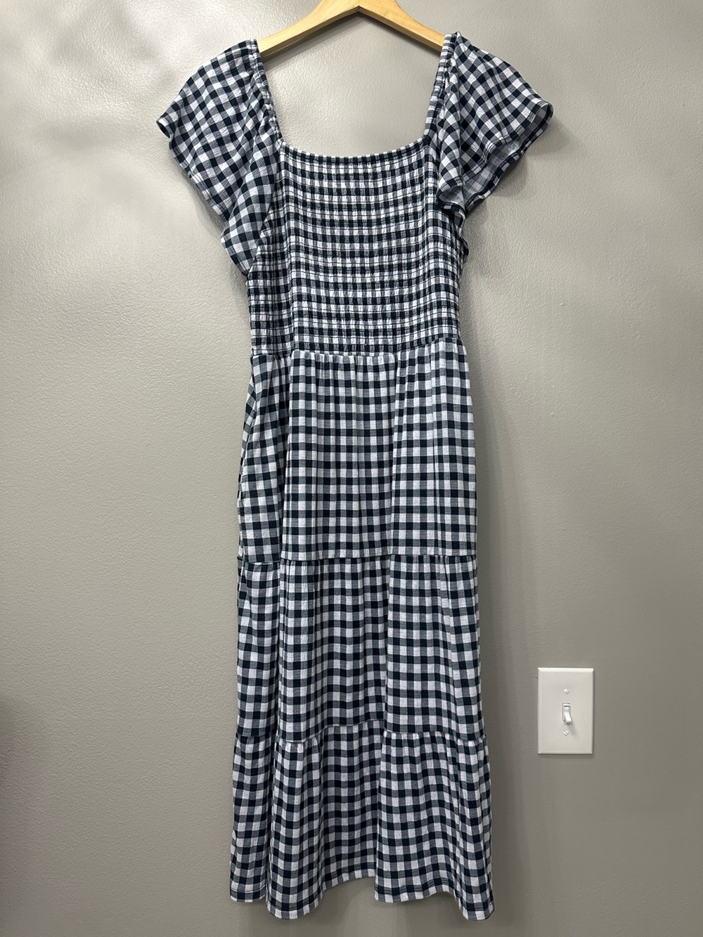 Smocked Navy and White Gingham Maxi Dress
